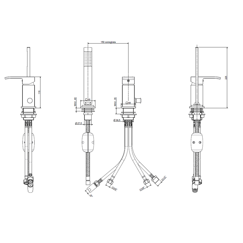 Paffoni Elle Bateria wannowa pionowa 2-otworowa (bez wylewki) EL041CR