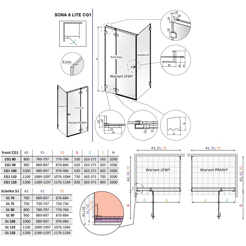 Vixor Sona Lite 6 Lite Kabina prysznicowa prostokątna prawa Nikiel szczotkowany 90x120 cm (N02-24090-91-01R+N02-60120-00-01)