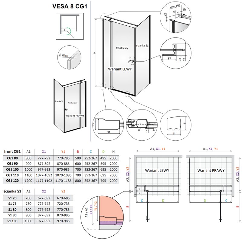 Vixor Vesa 8 CG1 Kabina prysznicowa prostokątna prawa Chrom błyszczący 80x70 cm (N10-24080-01-01R+N10-60070-00-01)