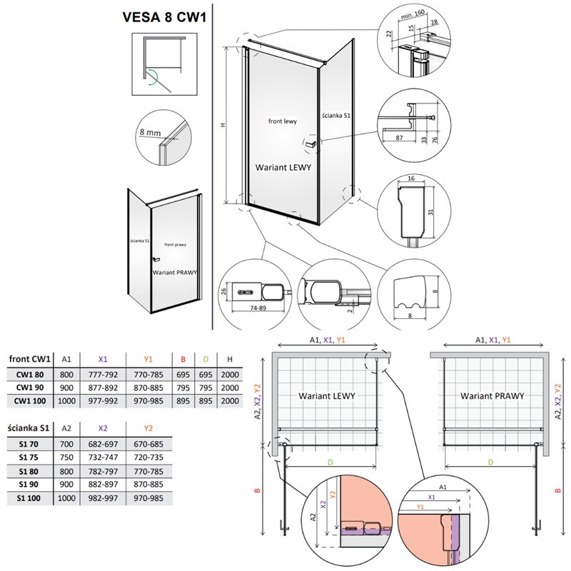 Vixor Vesa 8 CW1 Kabina prysznicowa prostokątna prawa Czarny mat 100x90 cm (N10-23100-54-01R+N10-60090-00-01)