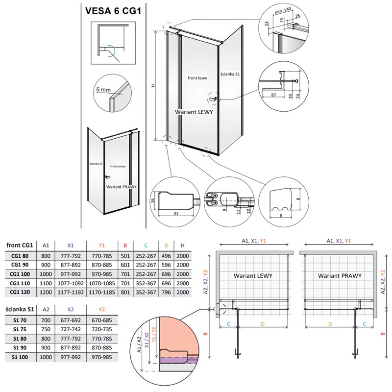 Vixor Vesa 6 CG1 Kabina prysznicowa prostokątna prawa Złoty błyszczący 100x70 cm (N09-24100-09-01R+N09-60070-00-01)