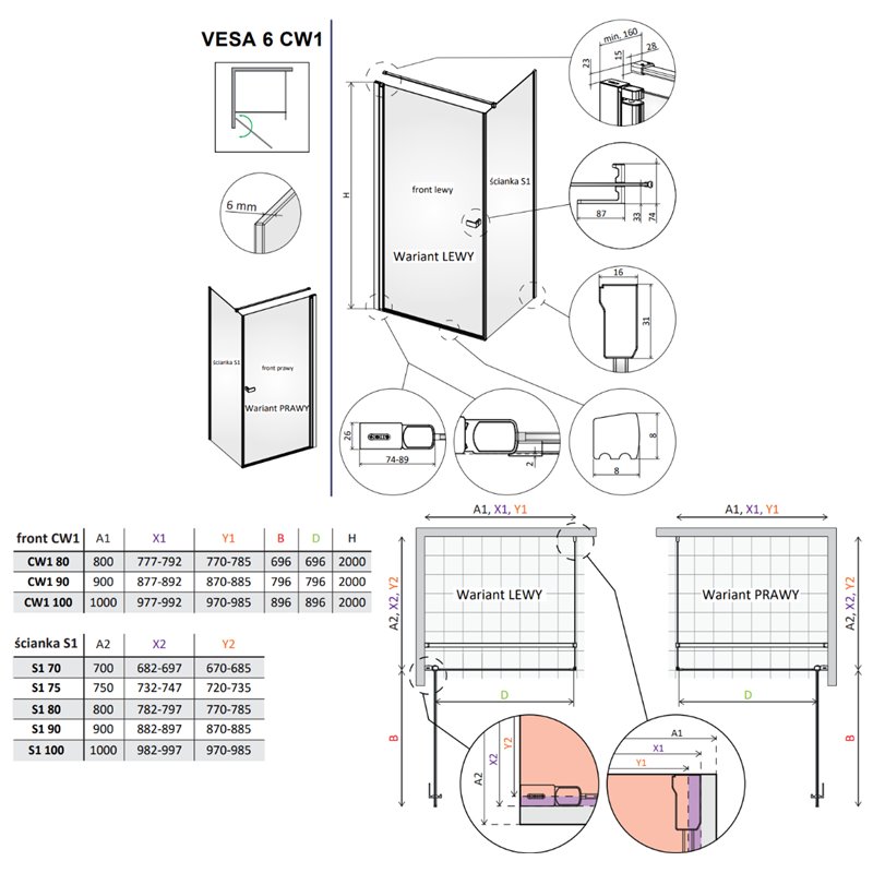Vixor Vesa 6 CW1 Kabina prysznicowa prostokątna lewa Nikiel szczotkowany 90x100 cm (N09-23090-91-01L+N09-60100-00-01)