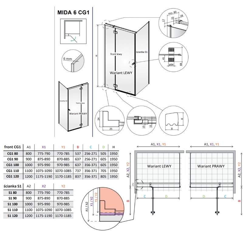 Vixor Mida 6 CG1 Kabina prysznicowa kwadratowa lewa Złoty błyszczący 80x80 cm (N12-24080-09-01L+N12-60080-00-01)