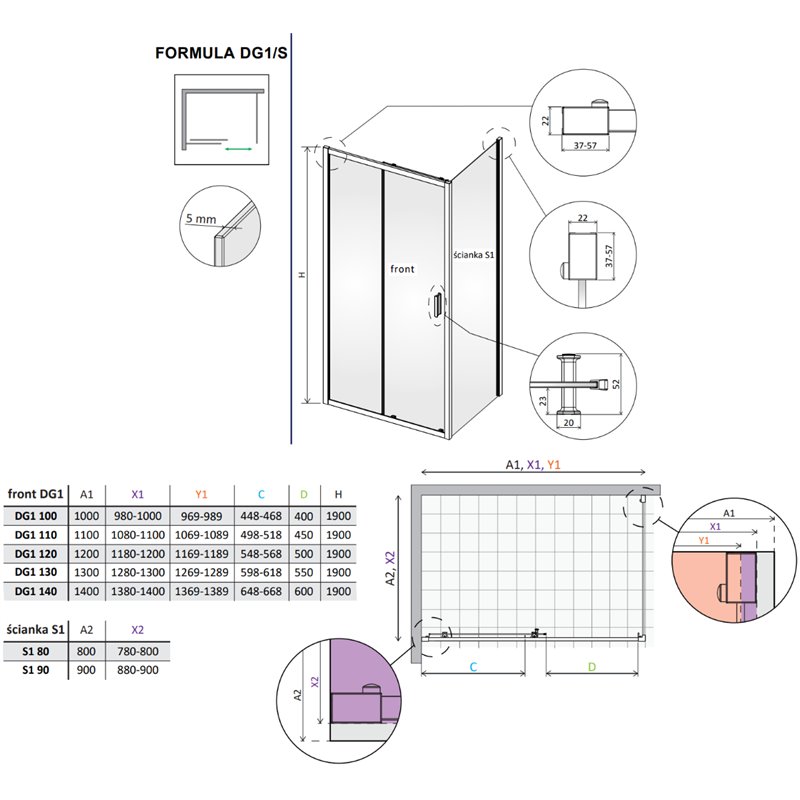 Vixor Formula 6 CG1 Kabina prysznicowa prostokątna narożna Czarny mat 110x80 cm (N11-00110-54-01+N11-60080-54-01)