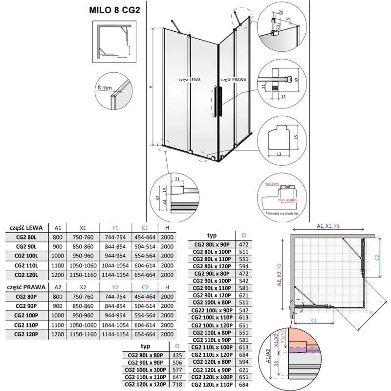 Vixor Milo 8 CG2 Kabina prysznicowa prostokątna narożna chrom 110Lx90P cm (N05-21110-01-01L+N05-21090-01-01R)