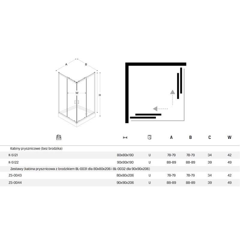 New Trendy Suvia Kabina prysznicowa 2D kwadratowa U 80x80x190 szkło satyna z powłoką Active Shield (K-5121)