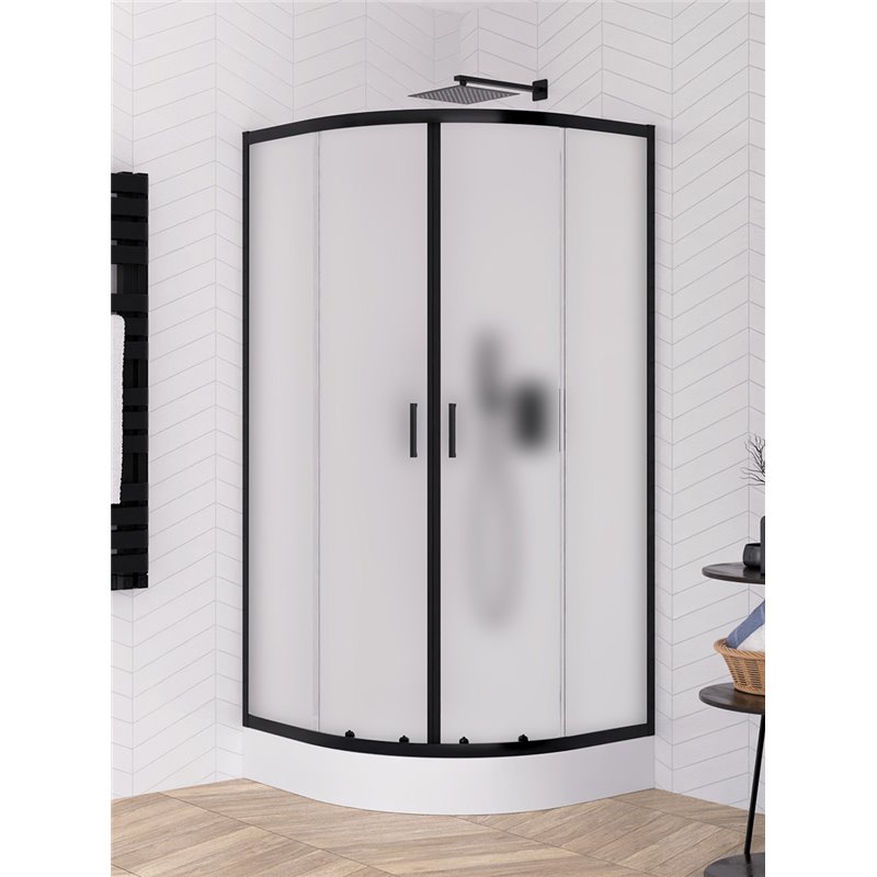 New Trendy Suvia Zestaw - Kabina prysznicowa półokrągła R55 90x90x206 drzwi przesuwne szkło satyna czarne profile 5mm+ Brodzik