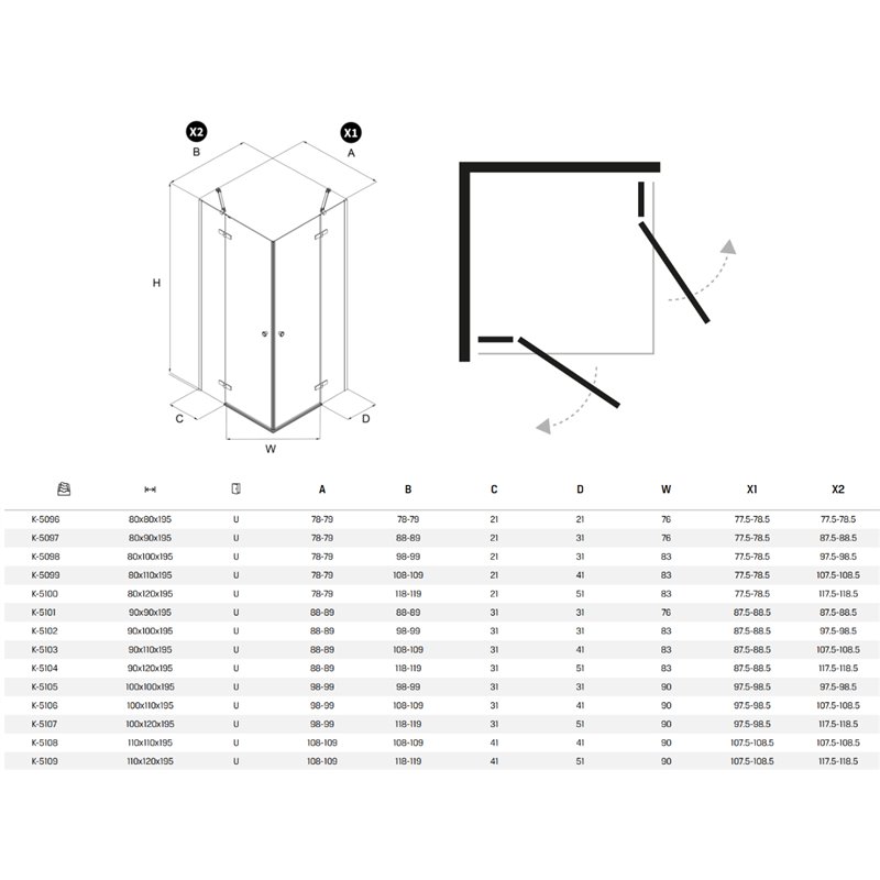 New Trendy Kalibra Kabina prysznicowa 2D kwadratowa U 110x110x195 szkło czyste czarna 6mm Active Shield (K-5108)
