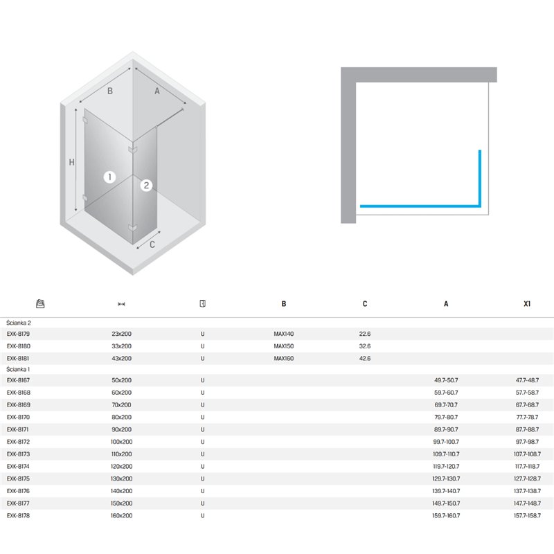 New Trendy Eventa Copper Brushed Kabina prysznicowa Walk-In (2 ścianki) U 60x23x200 cm (EXK-8168+EXK-8179)