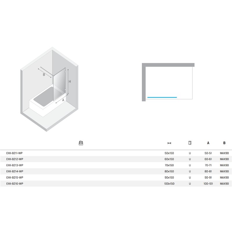 New Trendy Eventa Copper Brushed Parawan nawannowy stały U 60x150 cm 8mm Active Shield 2.0 wsp. prostopadły (EXK-8212-WP)