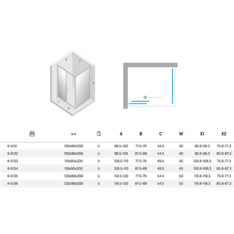 New Trendy New Varia Kabina prysznicowa Chrom 1D prostokątna U 120x80x200 cm (K-5135)