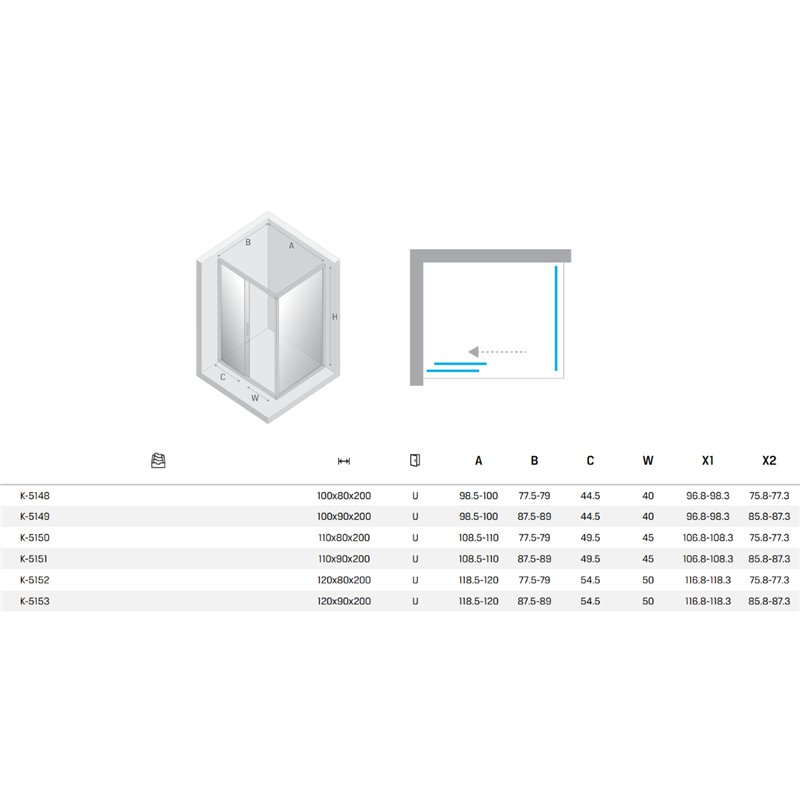 New Trendy New Varia Kabina prysznicowa czarny 1D prostokątna U 100x80x200 cm (K-5148)