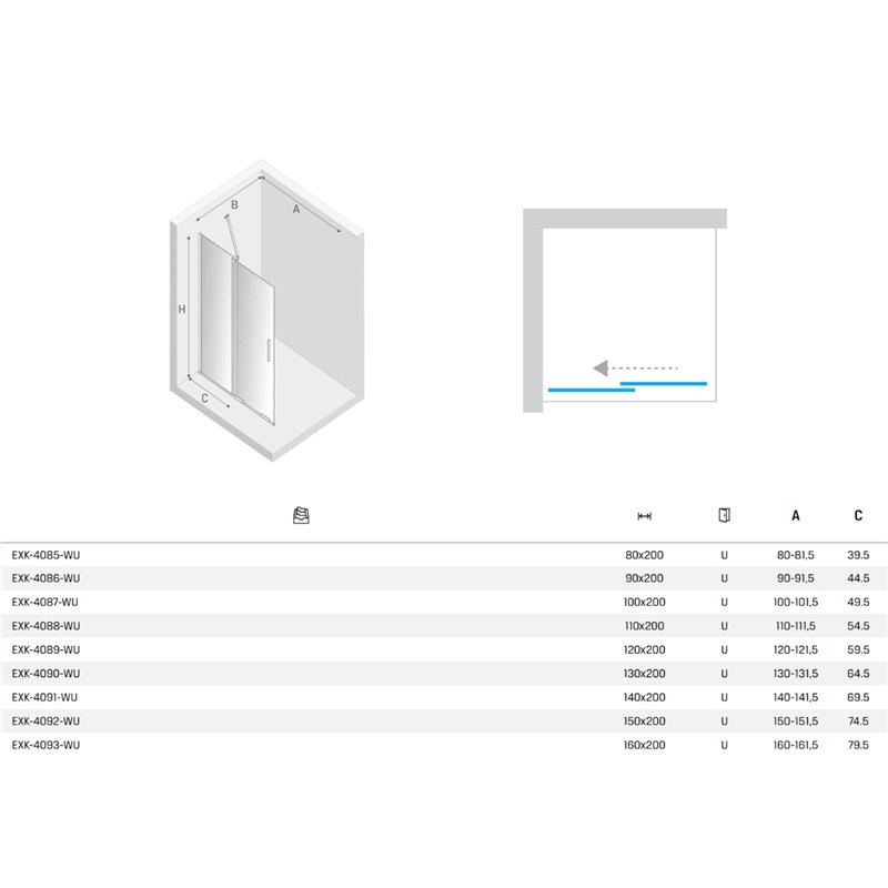 New Trendy Smart NZ4 Kabina prysznicowa chrom 1D walk-in U 130x200 cm wspornik skośny (EXK-4090-WU)
