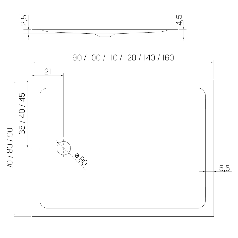 New Trendy Mild Brodzik Satin akrylowy prostokątny 110x90x4,5 cm czarny (B-0681)