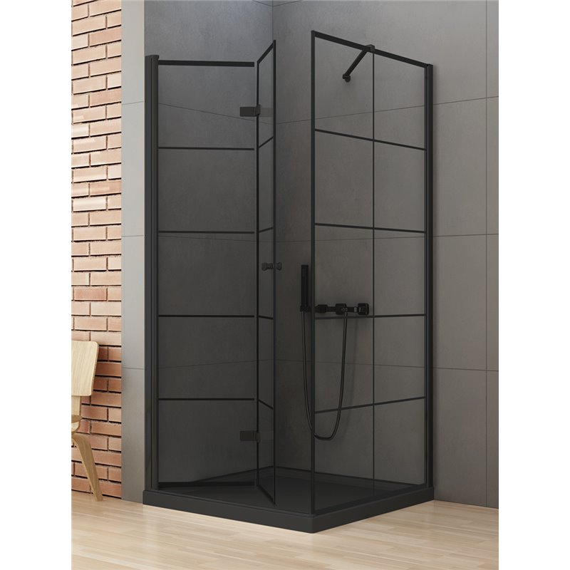 New Trendy New Soleo Kabina black 1D prostokątna Prawa 80x90x195 cm - wzór kratka - składane (D-0288A/D-0121B)