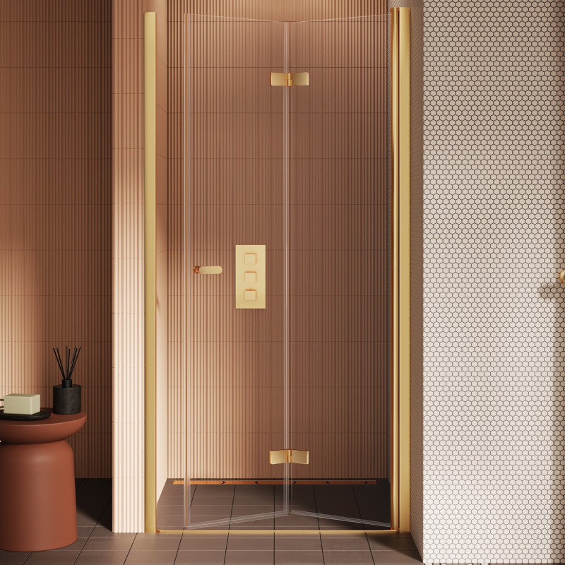 New Trendy New Soleo Drzwi wnękowe gold brushed 1D Lewa 100x195 cm szkło czyste 6mm Active Shield 2.0 (D-0755A)