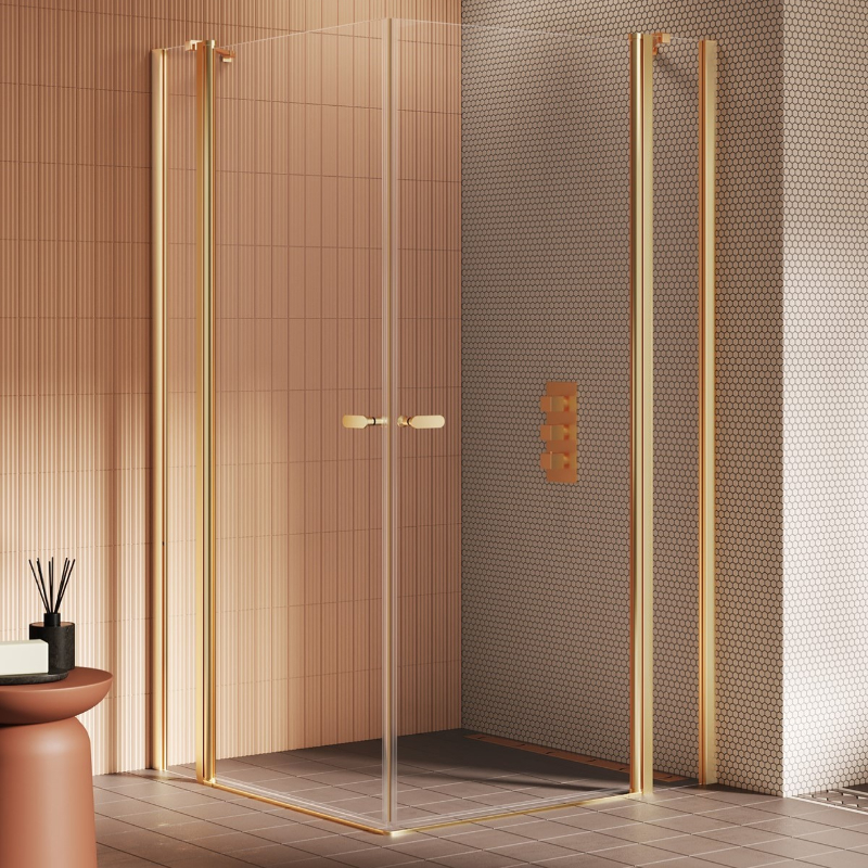 New Trendy New Soleo Kabina prysznicowa gold brushed 2D prostokątna U 100x100x195 cm - z elementem stałym (K-4243)