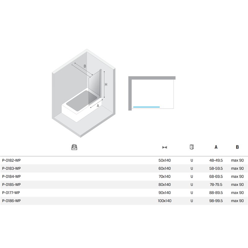 New Trendy New Soleo Parawan nawannowy gold brushed stały U 90x140 cm - wspornik prostopadły (P-0177-WP)