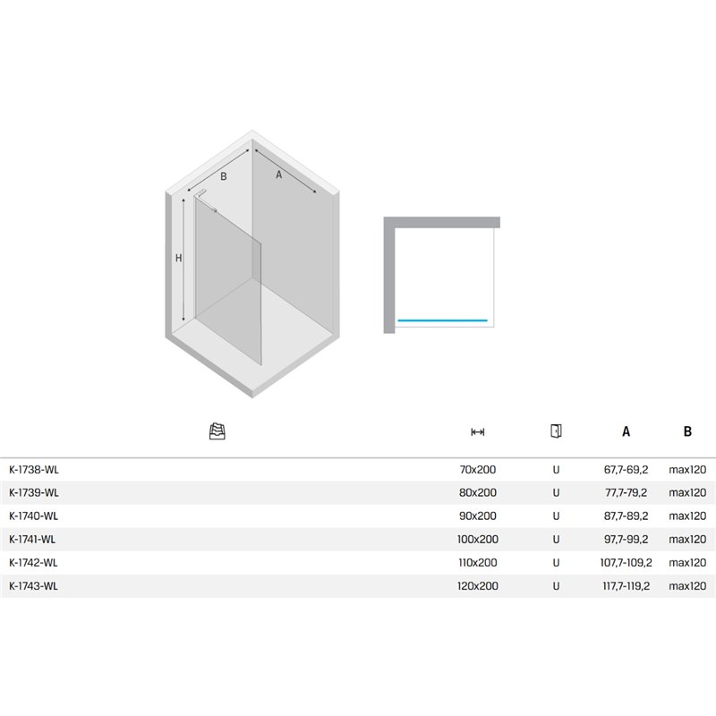 New Trendy Nesta Kabina prysznicowa gold bushed WALK-IN U 110x200 cm 8mm Active Shield 2.0 - wspornik kątowy (K-1742-WL)