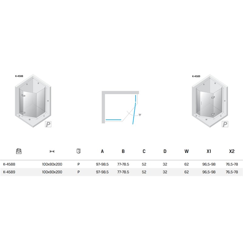 New Trendy Nesta Kabina light gold 1D pięciokątna prawa Drzwi prawe 100x80x200 cm Active Shield 2.0 (K-4589)