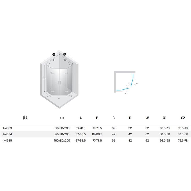 New Trendy Nesta Kabina copper brushed 2D pięciokątna asymetryczna 100x80x200  cm Active Shield 2.0 (K-4685)