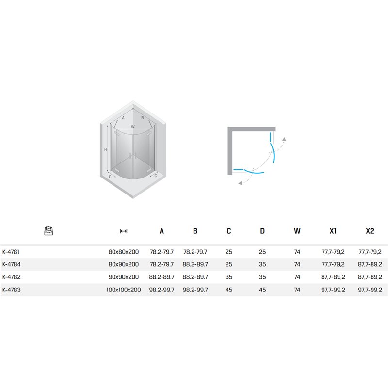 New Trendy Nesta Kabina gunmetal brushed 2D półokrągła asymetryczna  80x90x200 cm Active Shield 2.0 (K-4784)