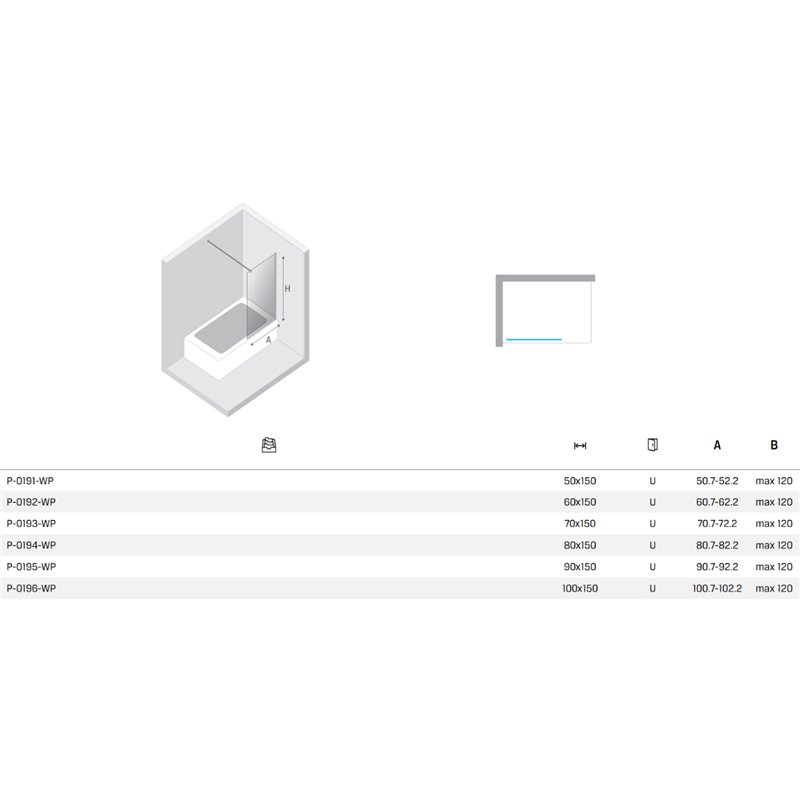 New Trendy Nesta Parawan nawannowy stały U 50x150 cm 8mm Active Shield 2.0 - wsp. równoległy (P-0191-WP)