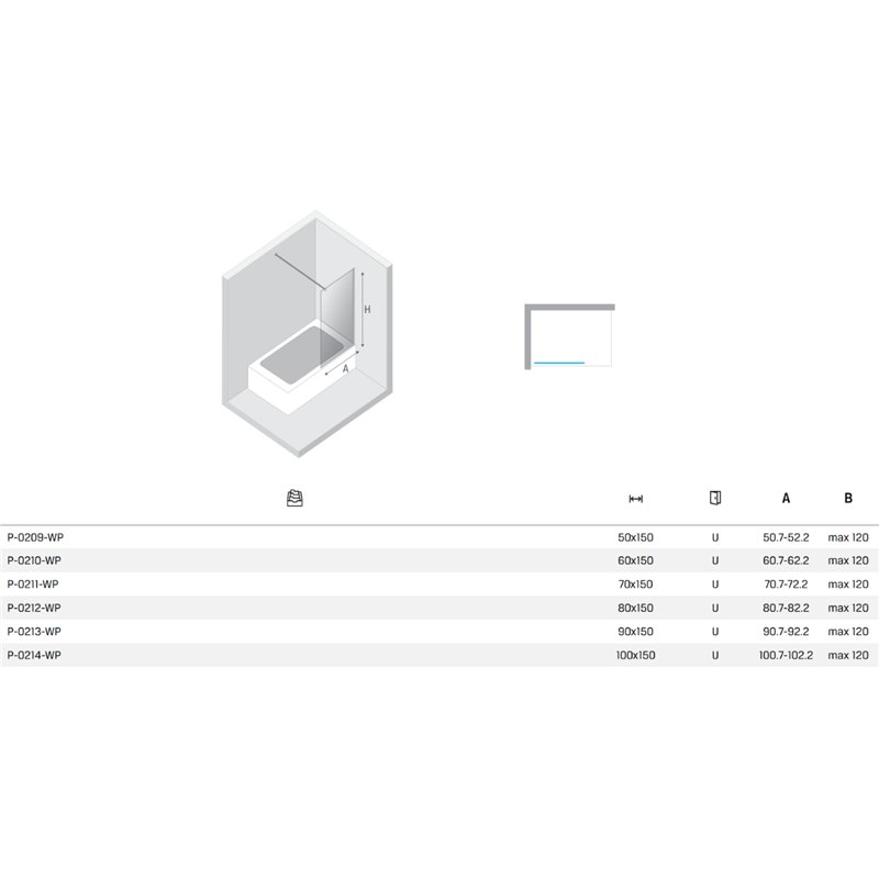 New Trendy Nesta Parawan nawannowy gold brushed stały U 90x150 cm 8mm Active Shield 2.0 - wsp. równoległy (P-0213-WP)