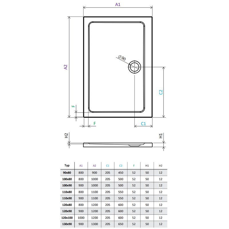 Vixor Avo brodzik akrylowy prostokątny z odpływem na krótszym boku Stone czarny 140 x 100 cm (AF54-140100)