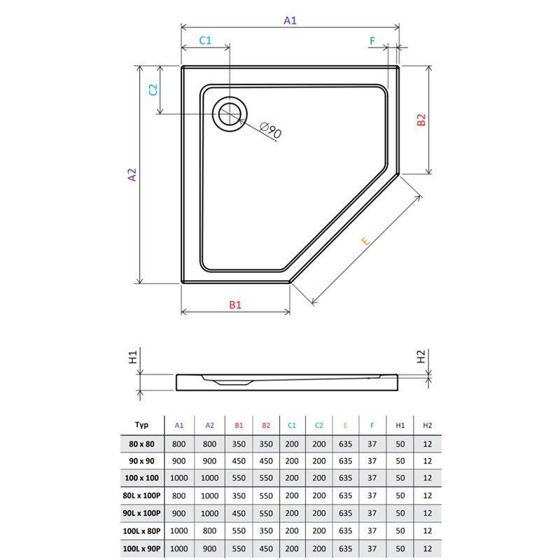 Vixor Avo brodzik akrylowy pięciokątny Biały 100 x 100 cm (AP01-100100)