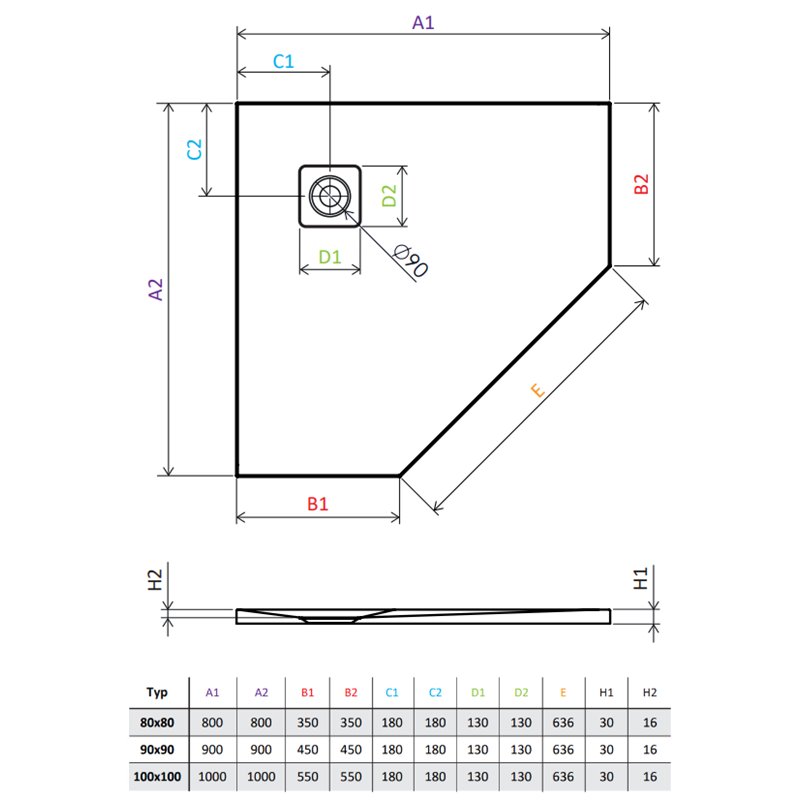 Vixor Lumeo brodzik konglomeratowy pięciokątny Czarny 90 x 90 cm (LP54-9090)