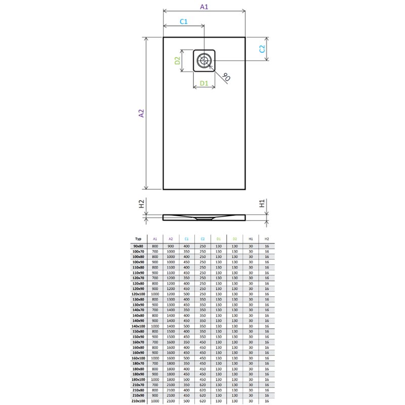 Vixor Lumeo brodzik konglomeratowy prostokątny z odpływem na krótszym boku Antracytowy 180 x 70 cm (LF64-18070)
