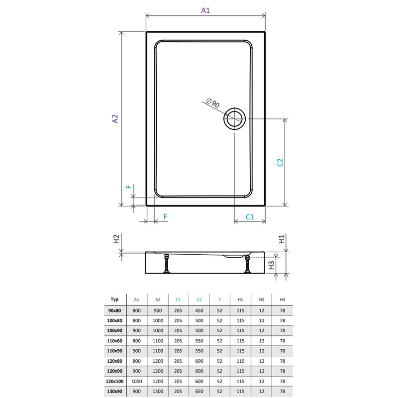 Vixor Nivo brodzik akrylowy prostokątny z odpływem na dłuższym boku Stone biały 100 x 80 cm (ND04-10080)