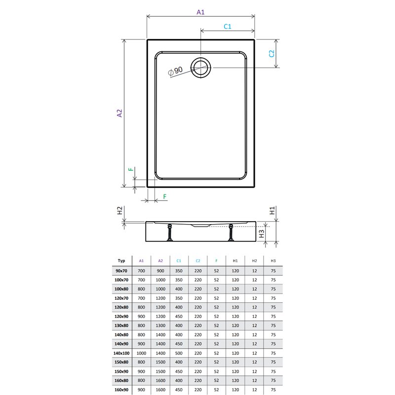 Vixor Nivo brodzik akrylowy prostokątny z odpływem na krótszym boku Biały 100 x 80 cm (NF01-10080)