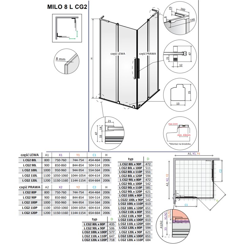 Vixor Milo 8 L CG2 Kabina prysznicowa prostokątna narożna czarny mat 90Lx120P cm (N05-29090-54-01L+N05-29120-54-01R)