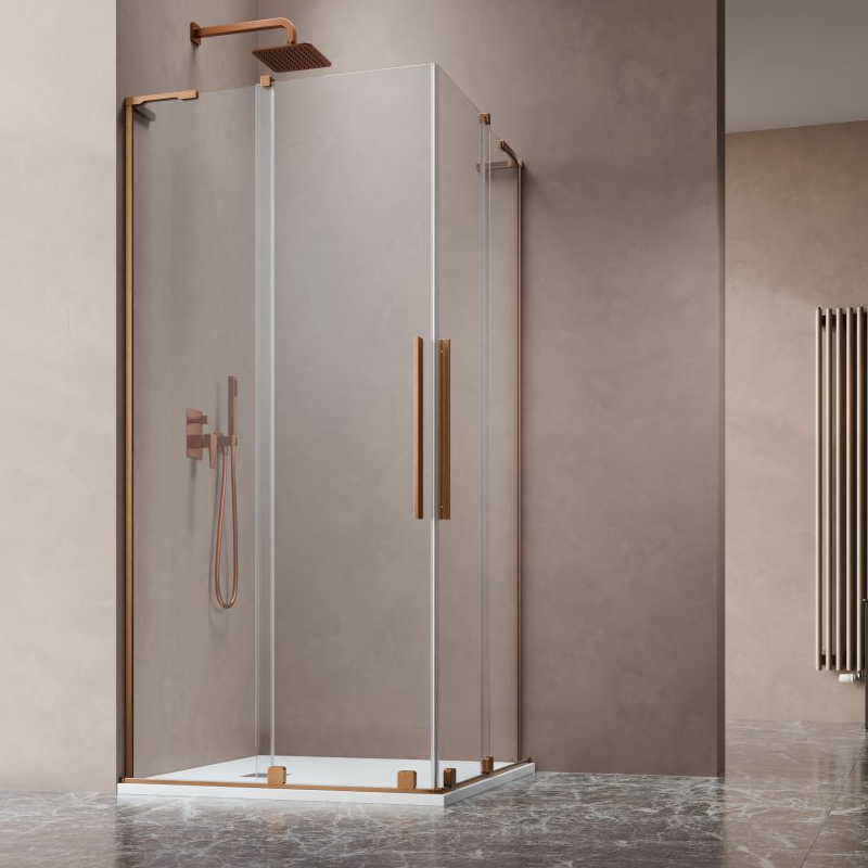Vixor Milo 8 L CG2 Kabina prysznicowa kwadratowa narożna miedź szczotkowana 100Lx100P cm (N05-29100-93-01L+N05-29100-93-01R)