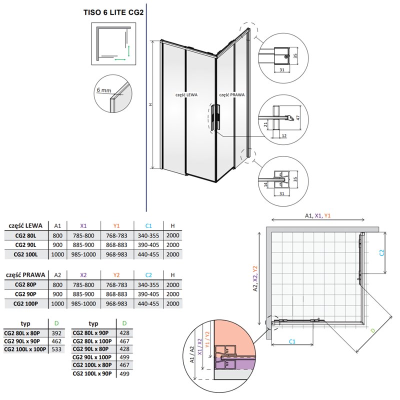 Vixor Tiso 6 Lite CG2 Kabina prysznicowa prostokątna czarny mat 80x90 cm (N14-21080-54-01L+N14-21090-54-01R)