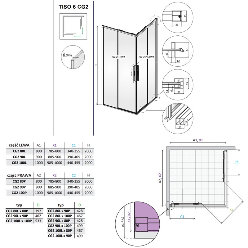 Vixor Tiso 6 CG2 Kabina prysznicowa prostokątna czarny mat 80Lx100P cm (N13-21080-54-01L+N13-21100-54-01R)
