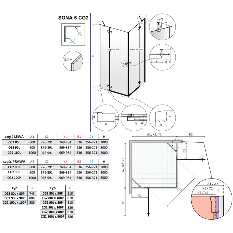 Vixor Sona 6 CG2 Kabina prysznicowa kwadratowa Chrom 80Lx80P cm (N01-21080-01-01L+N01-21080-01-01R)