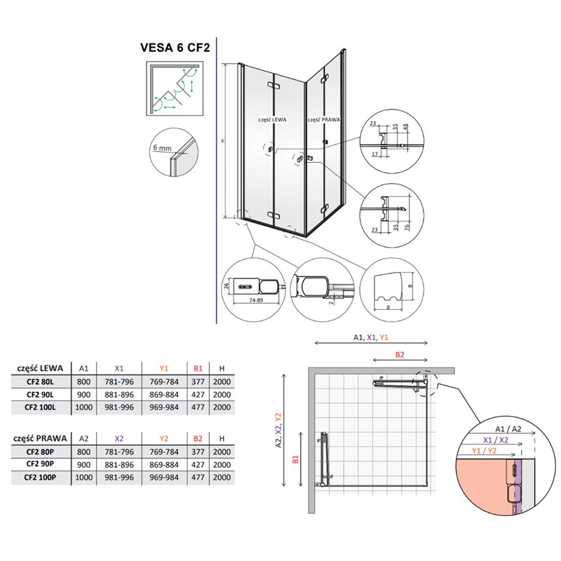 Vixor Vesa 6 CF2 Kabina prysznicowa prostokątna chrom 90Lx100P cm (N09-22090-01-01L+N09-22100-01-01R)