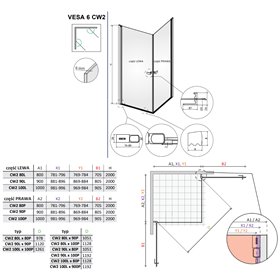 Vixor Vesa 6 CW2 Kabina prysznicowa prostokątna złoty szczotkowany 90Lx100P cm (N09-21090-99-01L+N09-21100-99-01R)