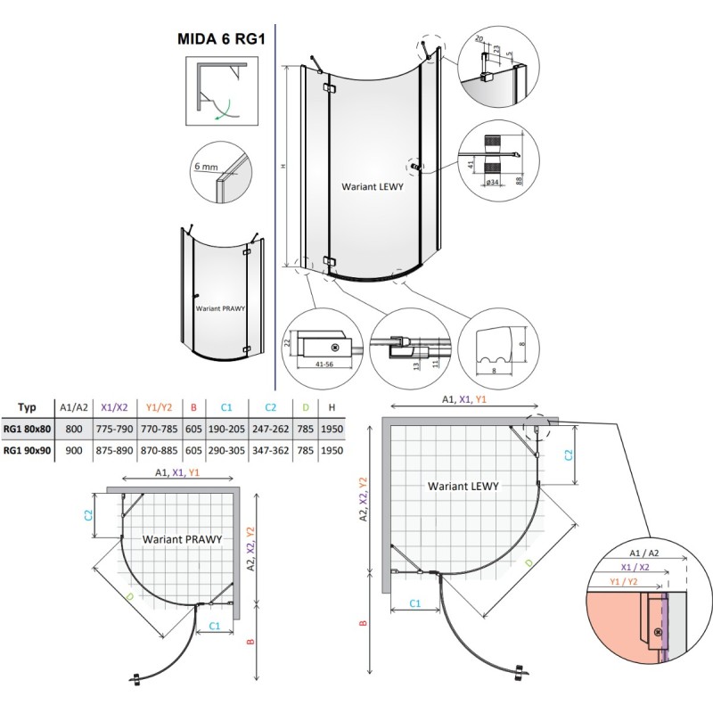 Vixor Mida 6 RG1 Kabina prysznicowa półokrągła jednodrzwiowa prawa chrom 80x80 cm (N12-72080-01-01R)