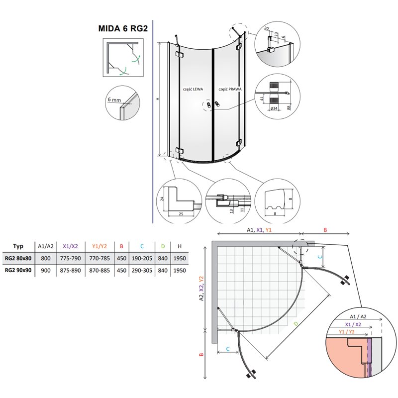 Vixor Mida 6 RG2 Kabina prysznicowa półokrągła złoty szczotkowany 80x80 cm (N12-71102-99-01)