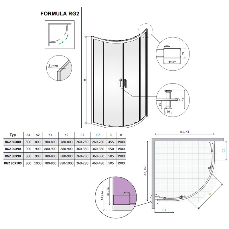 Vixor Formula RG2 Kabina prysznicowa półokrągła chrom błyszczący 80x100 cm (N11-70211-01-01)