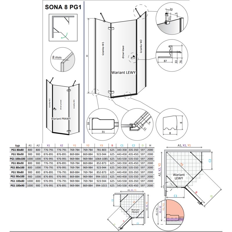 Vixor Sona 8 PG1 Kabina prysznicowa pięciokątna lewa gunmetal szczotkowany 100x100 cm (N03-40600-92-01L+N03-42106-00-01)