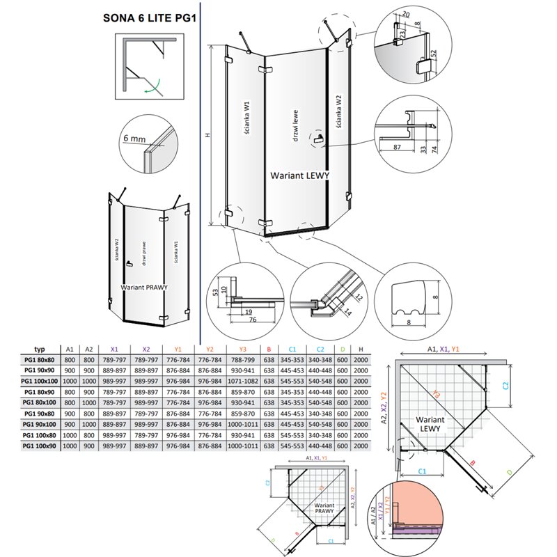 Vixor Sona 6 Lite PG1 Kabina prysznicowa pięciokątna prawa chrom 80x80 cm (N02-40000-01-01R+N02-42102-00-01)