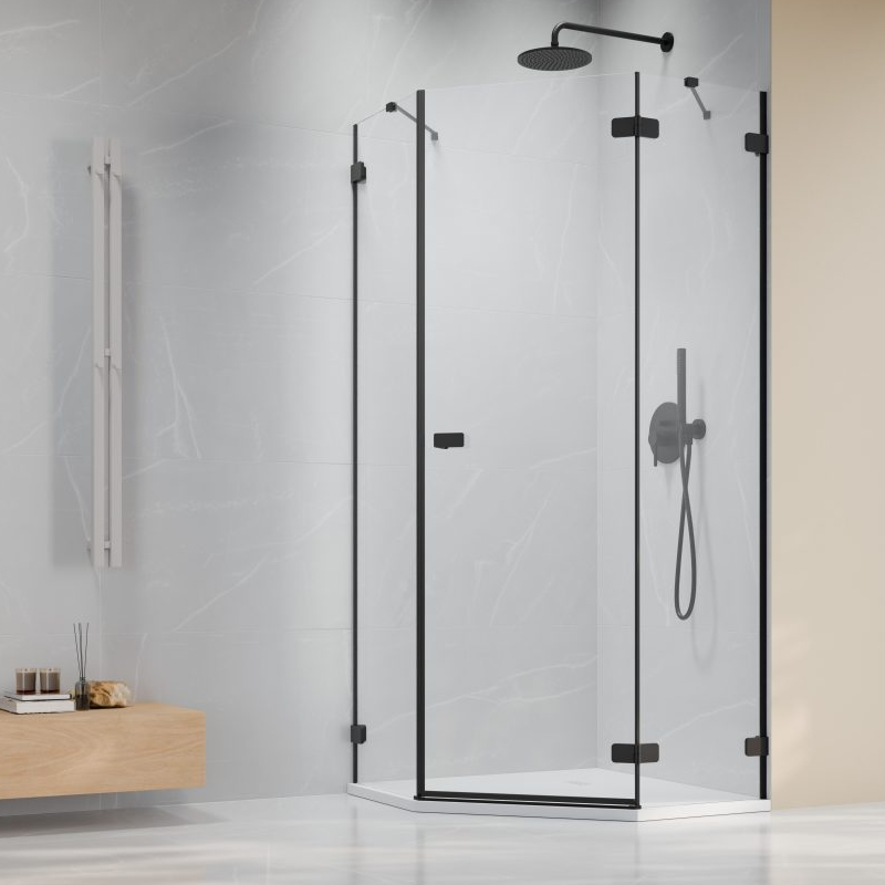 Vixor Sona 6 Lite PG1 Kabina prysznicowa pięciokątna prawa czarny mat 90x90 cm (N02-40000-54-01R+N02-42104-00-01)