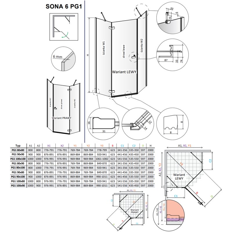 Vixor Sona 6 PG1 Kabina prysznicowa pięciokątna lewa miedź szczotkowana 100x100 cm (N01-40000-93-01L+N01-42106-00-01)