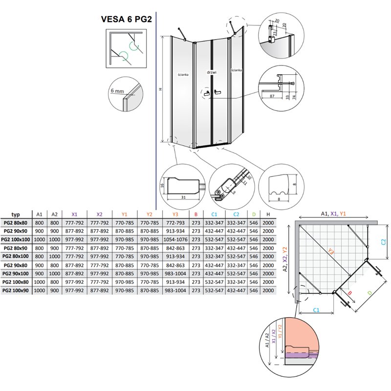 Vixor Vesa 6 PG2 Kabina prysznicowa pięciokątna złoty szczotkowany 80x80 cm (N09-41000-99-01+N09-43102-99-01)