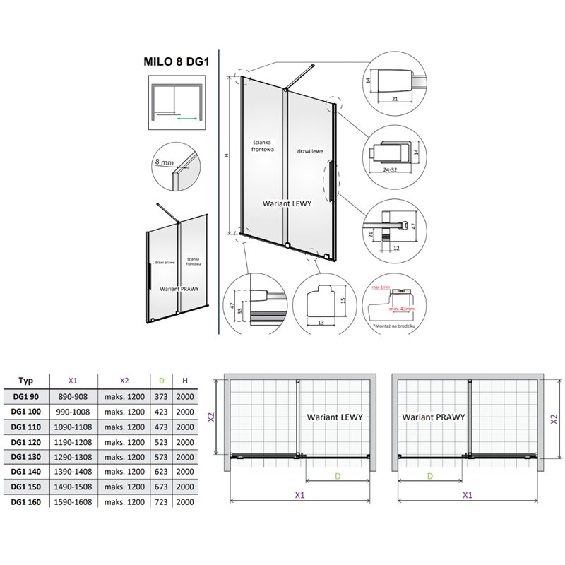 Vixor Milo 8 DG1 Drzwi prysznicowe przesuwne nikiel szczotkowany prawe 150 cm (N05-01772-91-01R, N05-80730-00-01)